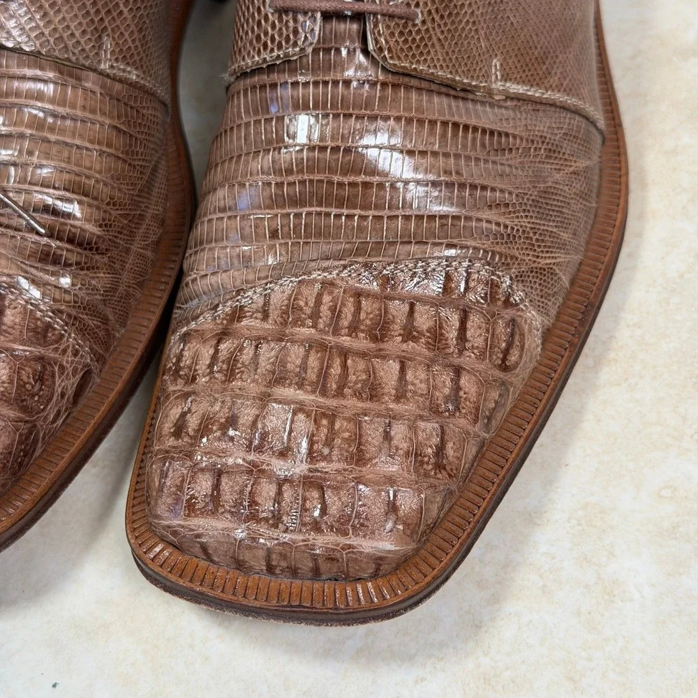 David Eden Oxford Shoes Mens 9.5 Brown Hornback Caiman Lizard Exotic Square Toe